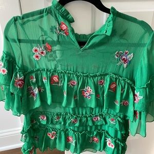 Zara woman blouse in emerald green with flowers.
